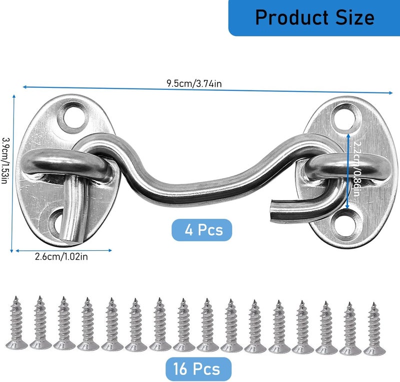 CUKAYO 4 Pack 3" Hook and Eye Gate Latch, Stainless Steel Rust-Resistant Barn Door Lock Cabin Hooks for Gate Shutters Window Slide Barn Shed Cabinet Bathroom, with 16pcs Screw,Silver - Image 2